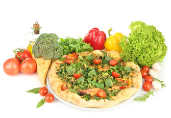 Tasty vegetarian pizza and vegetables, isolated on white