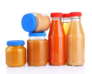 Baby food in glass jars, isolated on white