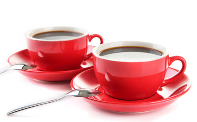Red cups of strong coffee isolated on white