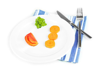 Small portion of food on big plate isolated on white