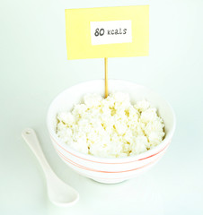 Calorie content of cottage cheese isolated on white