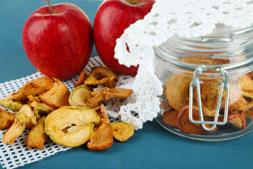 Dried apples in glass jar, on color wooden background