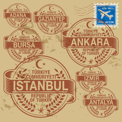 Grunge rubber stamp set with names of Turkey cities