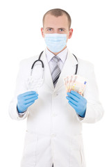 young doctor with package of pills and euro banknotes isolated o