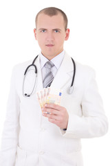 portrait of young handsome doctor with euro banknotes isolated o