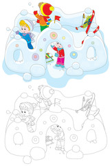 children playing snowballs in a snow fortress