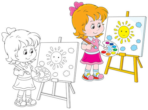 Girl drawing a picture with a smiling sun