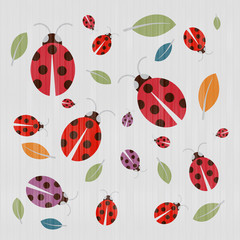 Abstract Retro Textile Background with Ladybirds and Leaves