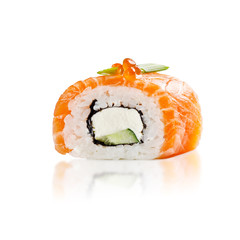 traditional fresh japanese sushi rolls on a white background