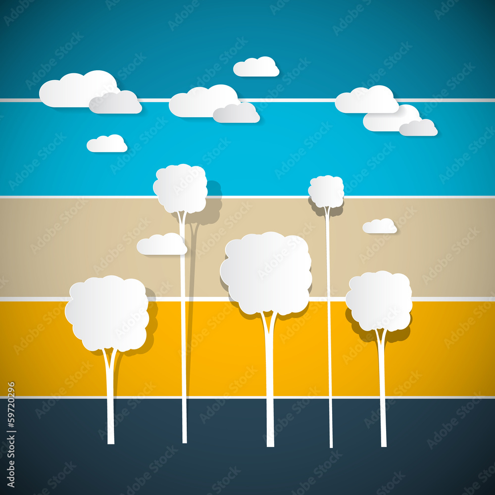 Poster abstract vector trees, clouds on retro background