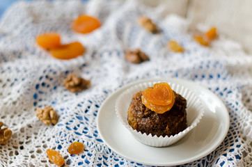 chocolate cupcake with dried apricots and walnuts