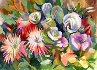 Still life a bouquet of flowers. Hand-drawn in gouache