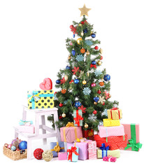 Decorated Christmas tree with gifts isolated on white