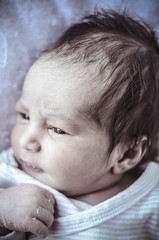 new born baby curled up sleeping on a blanket, multiple expressi