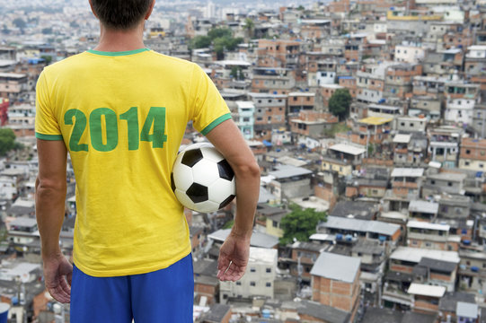 Brazil 2014 Football Player Standing with Soccer Ball Favela Rio