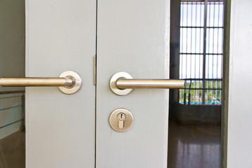 Aluminium door knob on the white door