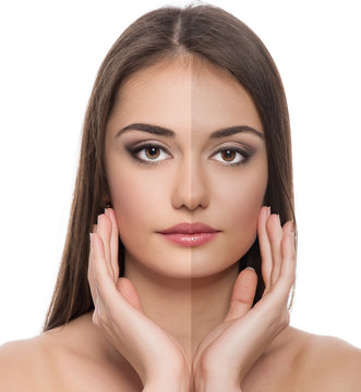 Solar protection. Close-up of woman face before and after tan
