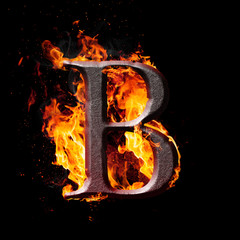 High res iron letter B illustration in fire on black background