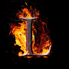 High res iron letters illustration in fire on black background