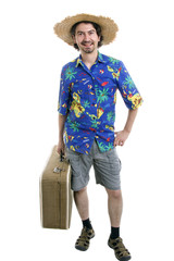 young silly man traveler, full body on white background