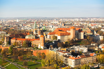 Fototapeta premium Aerial view of Royal Wawel castle with park and Vistula river.