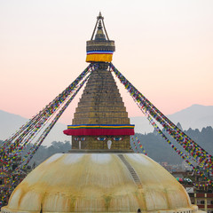 Top view of Bodhnath Stupa during sunset in Kathmandu