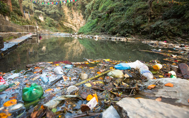 Garbage and bottles floating on water.