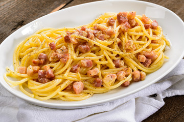 Italian pasta, carbonara spaghetti in the dish