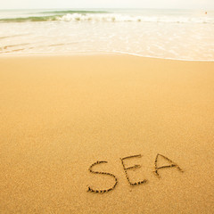 Fototapeta na wymiar Sea - written by hand in sand on a sea beach, with a soft wave.
