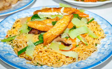 Vietnamese noodles with tofu,mushrooms and vegetables.