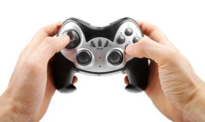 video game controller in hand isolated on white