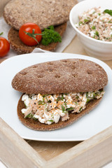 sandwich of rye bread with tuna and homemade cheese