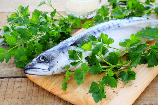 fresh fish on the kitchen board mackerel
