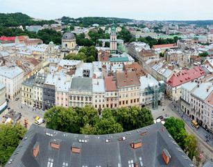 Panorama of Lvov old town with market square,Ukraine