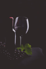 Bottle of wine next to wine glass, close-up