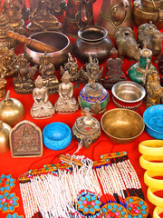 Shigatse market, brass and copper items on sale