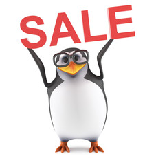 Academic penguin holds up a SALE notice