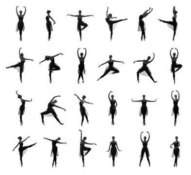 Different ballet poses. Silhouettes isolated on white