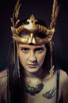 Tattoo, Warrior woman with gold mask, long hair brunette. Long h