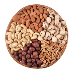 Assorted nuts in a wicker bowl