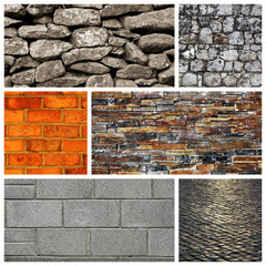 Composition of a stone wall, brick wall and a pavement