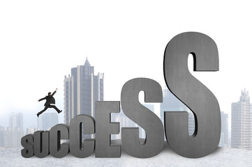 Businessman jumping on 3D success concrete word with city backgr