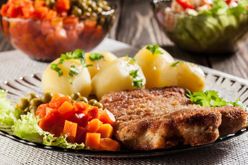 Breaded cutlet and potatoes