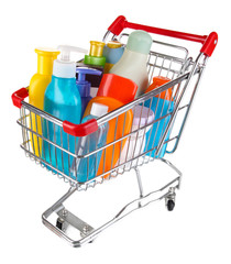 Cosmetics in cart isolated on white