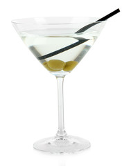 Martini glass with olives isolated on white.