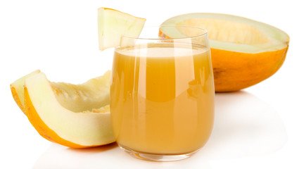 Delicious juice of melon isolated on white