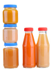 Baby food in glass jars, isolated on white