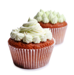 Tasty cupcakes with butter cream, isolated on white