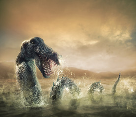 Obraz premium Scary Loch Ness Monster emerging from water