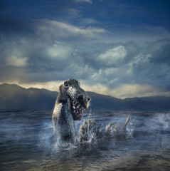 Naklejka premium Straszny potwór z Loch Ness wyłaniający się z wody